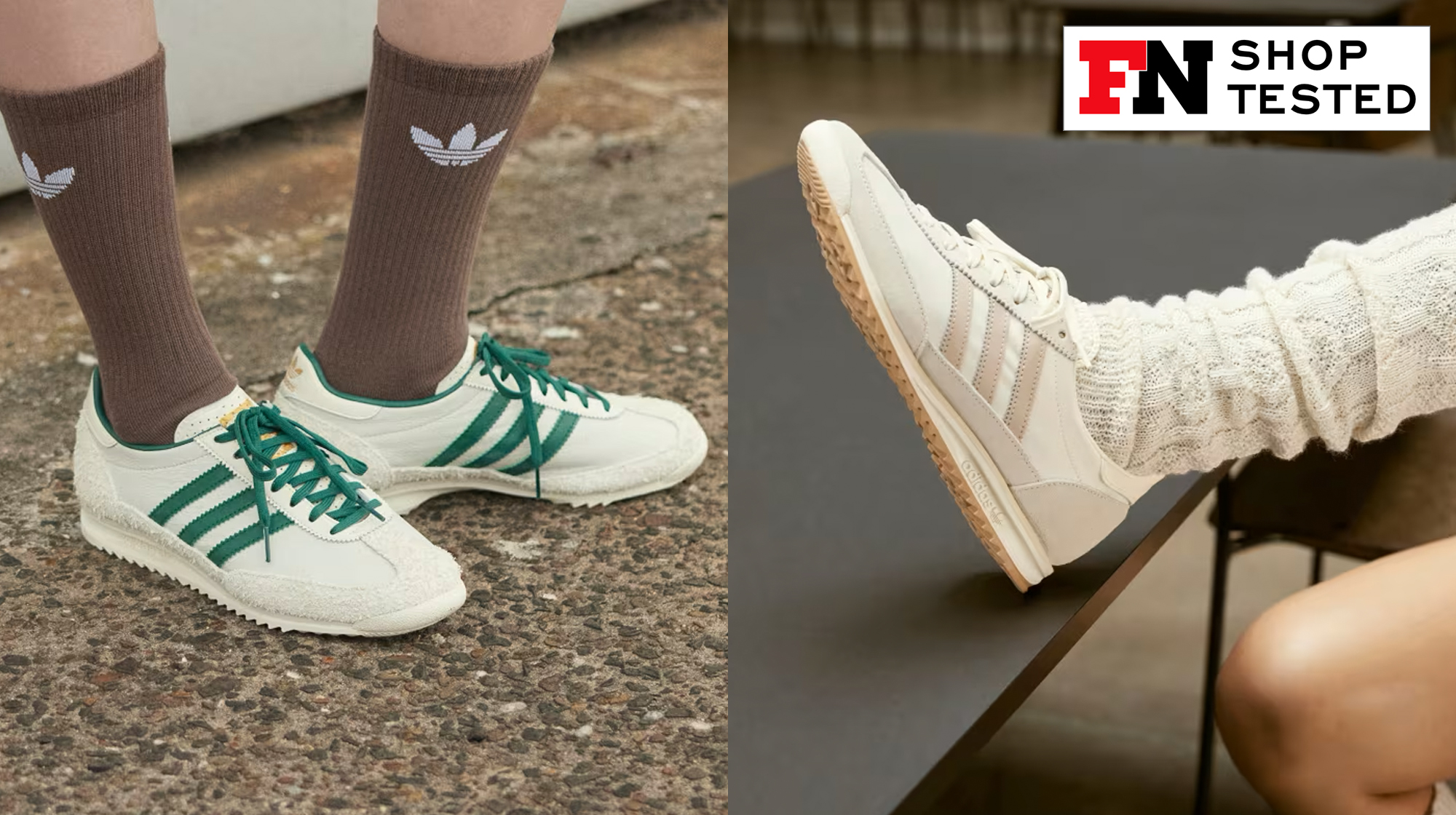 green and white adidas SL 72 sneakers; pink and white adidas SL 72 sneakers that our writer reviewed