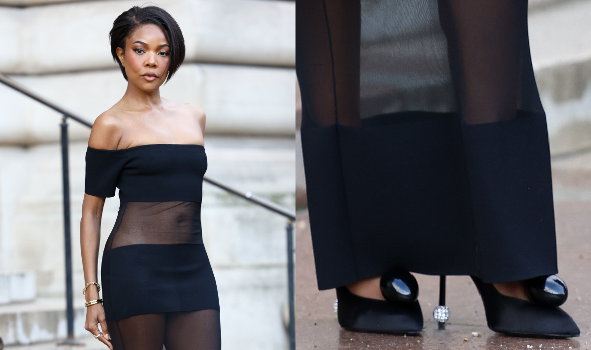 Gabrielle Union attends the Schiaparelli Haute Couture Spring 2025 show in Paris on Jan. 27, gabrielle union wearing a 
Schiaparelli Spring 2025 Dress, gabrielle union wears a black off-the-shoulder gown featuring sheer mesh panels and black embellished pumps