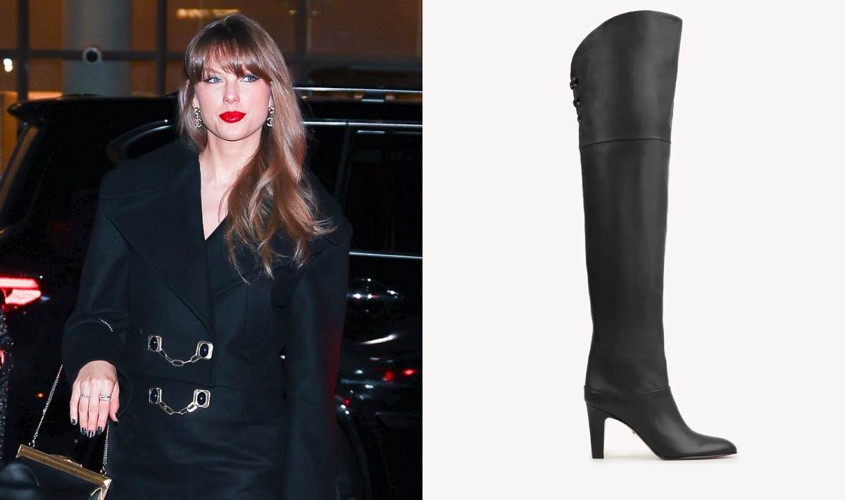 Taylor Swift, thigh-high boots, leather, blazer, Area, chain, New York, Nobu, Chloe