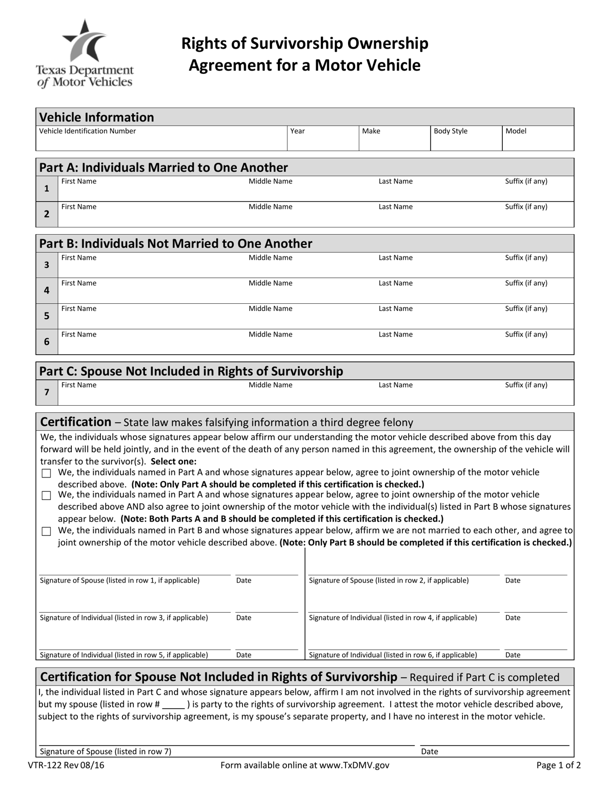 TxDMV VTR-122 - Rights of Survivorship Ownership Agreement for a Motor ...