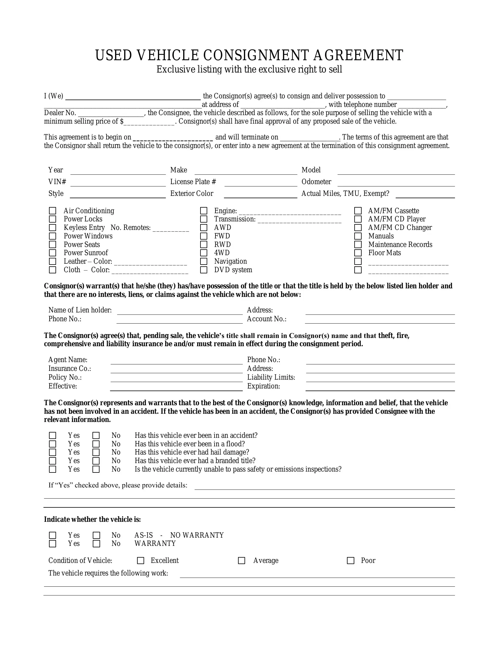 Vehicle Consignment Agreement Form ≡ Fill Out PDF Forms