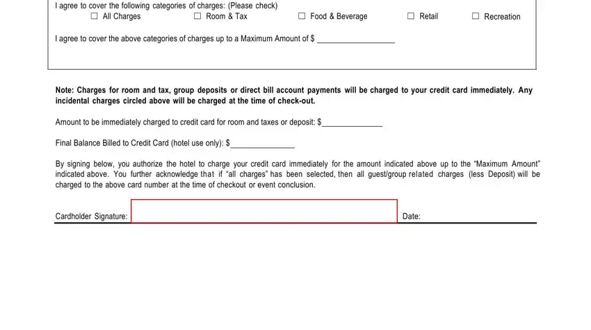 hampton inn credit card authorization form I agree to cover the following, All Charges, Room  Tax, Food  Beverage, Retail, Recreat, ion, I agree to cover the above, Note Charges for room and tax, Amount to be immediately charged, Final Balance Billed to Credit, By signing below you authorize the, Cardholder Signature, and Date blanks to insert