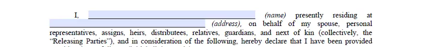 Releasor information indication section of release of liability form