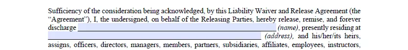 Releasee information entering section of a release of liability template