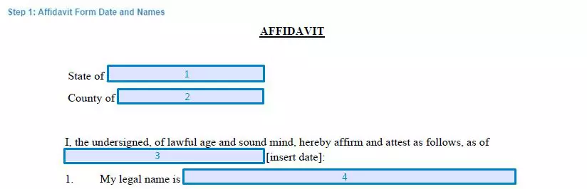 Step 1 to filling out an affidavit form date and names