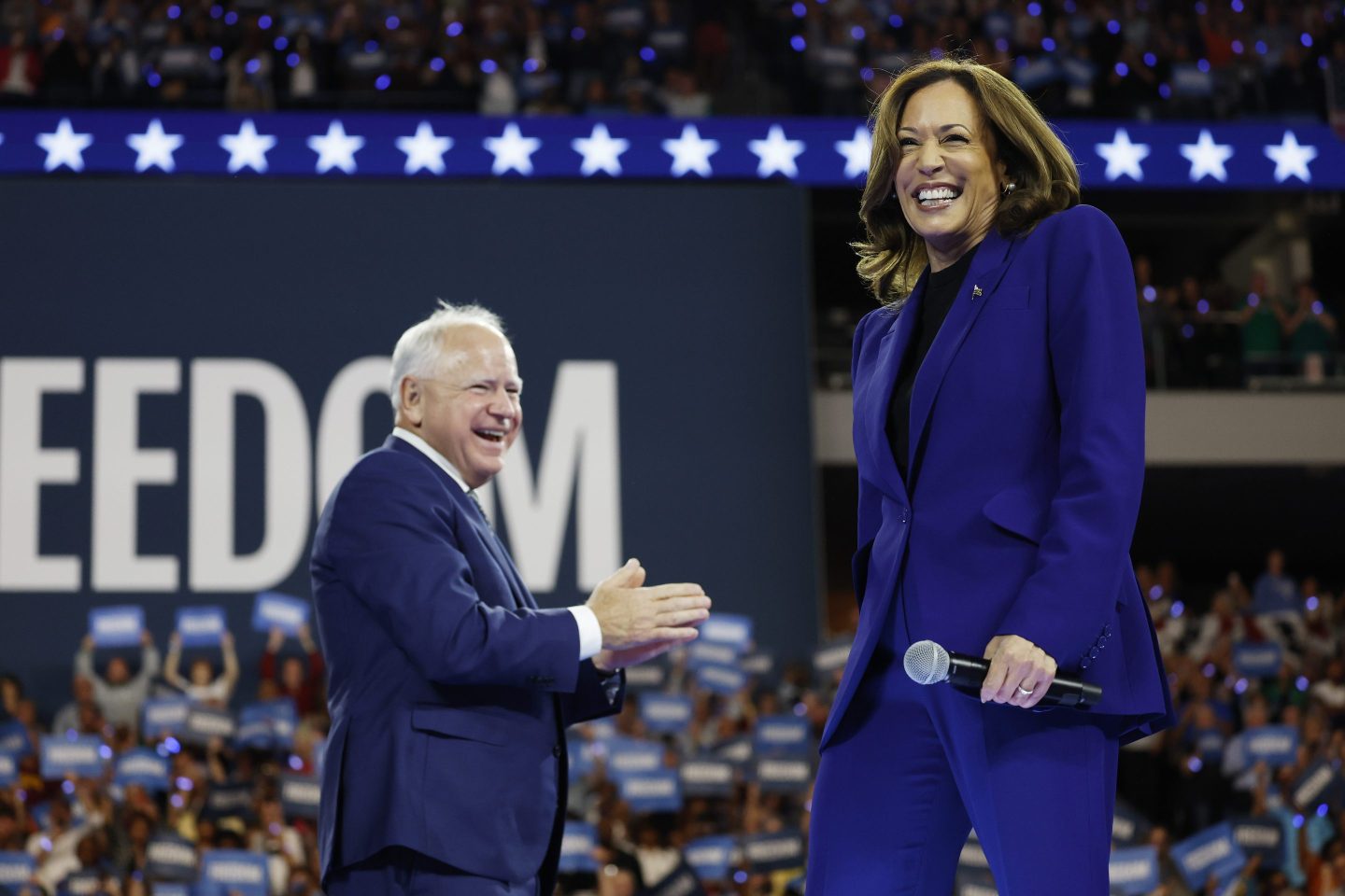 MILWAUKEE, WISCONSIN &#8211; AUGUST 20: Democratic presidential candidate, U.S. Vice President Kamala Harris speaks alongside Democratic vice presidential candidate Minnesota Gov. Tim Walz at a campaign rally at the Fiserv Forum on August 20, 2024 in Milwaukee, Wisconsin. Later this week Harris will accept her party&#8217;s presidential nomination at the Democratic National Convention in Chicago, Illinois.  (Photo by Anna Moneymaker/Getty Images)