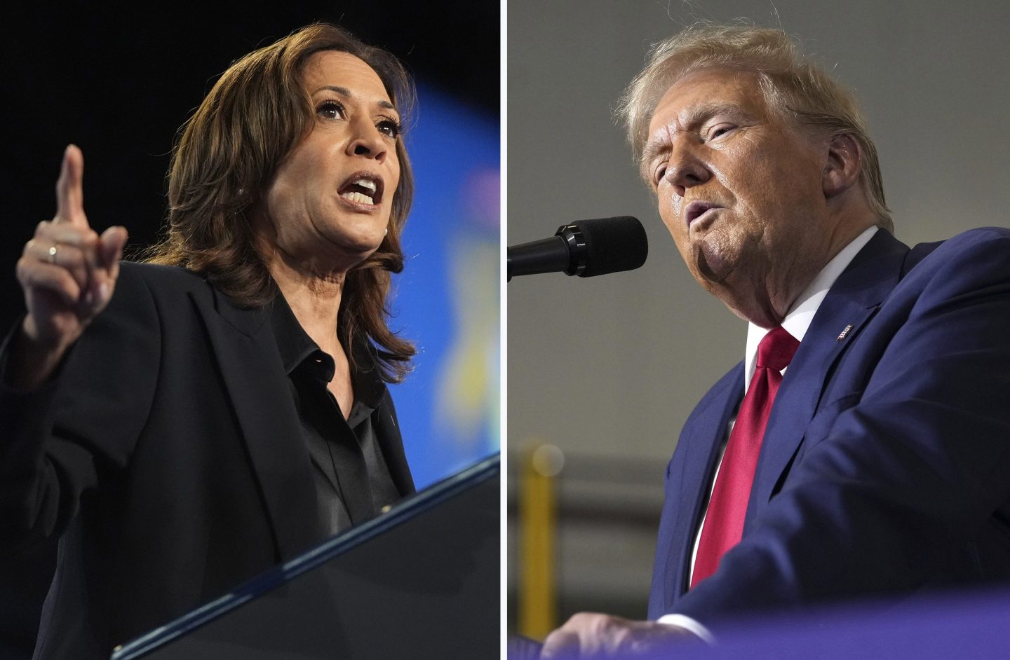 This combination photo shows Democratic presidential nominee Vice President Kamala Harris at a rally, left, and Republican presidential nominee former President Donald Trump at a campaign rally, right.