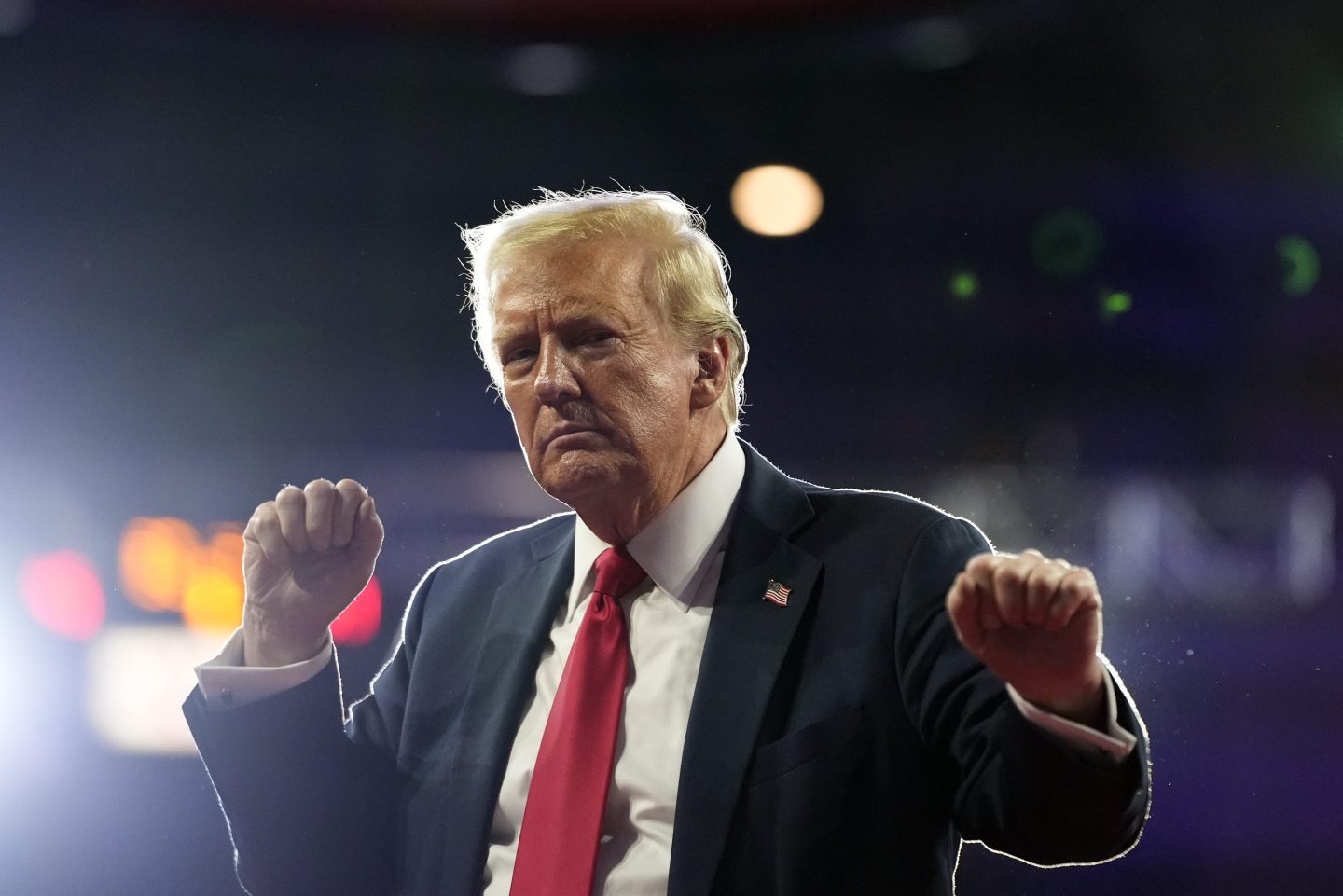 Republican presidential nominee former President Donald Trump dances at a campaign rally at the Santander Arena, Wednesday, Oct. 9, 2024, in Reading, Pa.