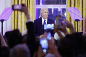 President Joe Biden speaks at the White House Hanukkah party on Dec. 16. While Biden prioritized the fight against antisemitism, his administration punted on some of the thorniest questions about the line between legitimate political speech and bigotry.