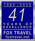 Fox Travel 41 years Blue and silver plaque with a sleek header layout reads: "1984-2025, 41 Years of Excellence, Fox Travel, foxtravel.net.