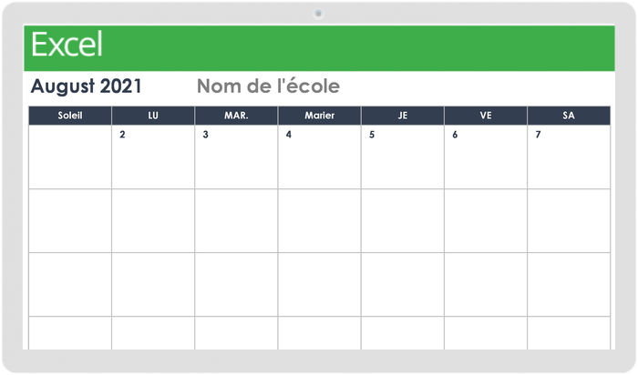 Modèle de calendrier scolaire mensuel 2021 - 2022