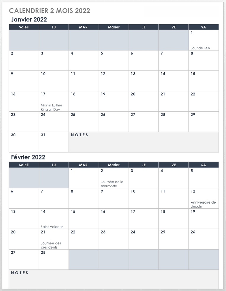 modèle de calendrier de 2 mois 2022