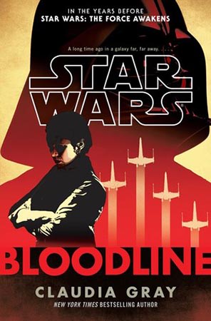 Leia in front of the silhouette of Vader on the Bloodline cover