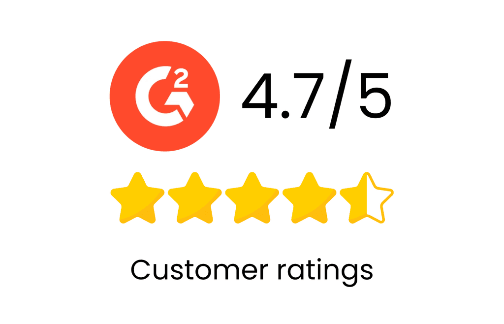 G2 rating badge showing a 4.7 out of 5 score with five yellow stars, indicating high customer satisfaction