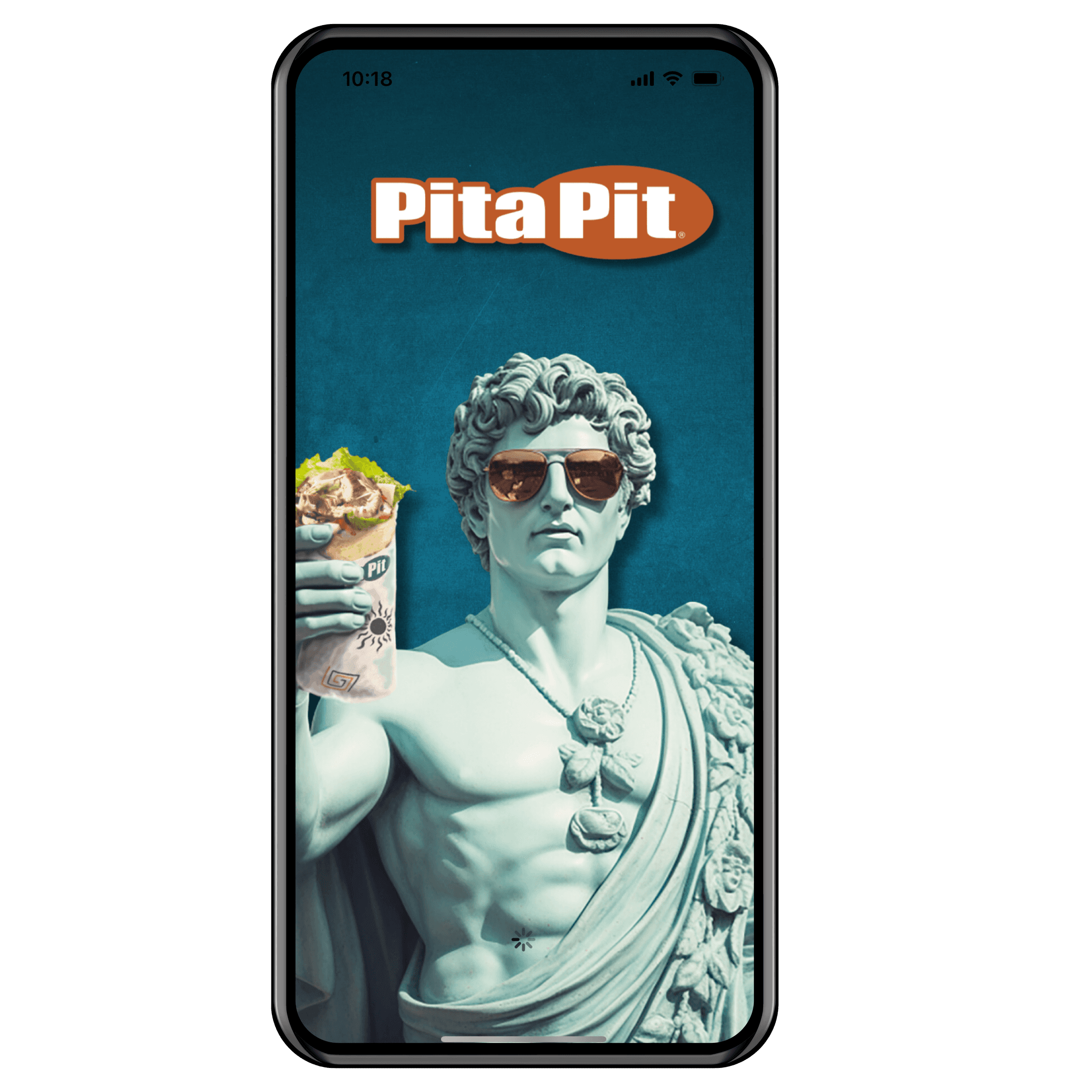 The Pita Pit app home page with a greek statue holding a pita.