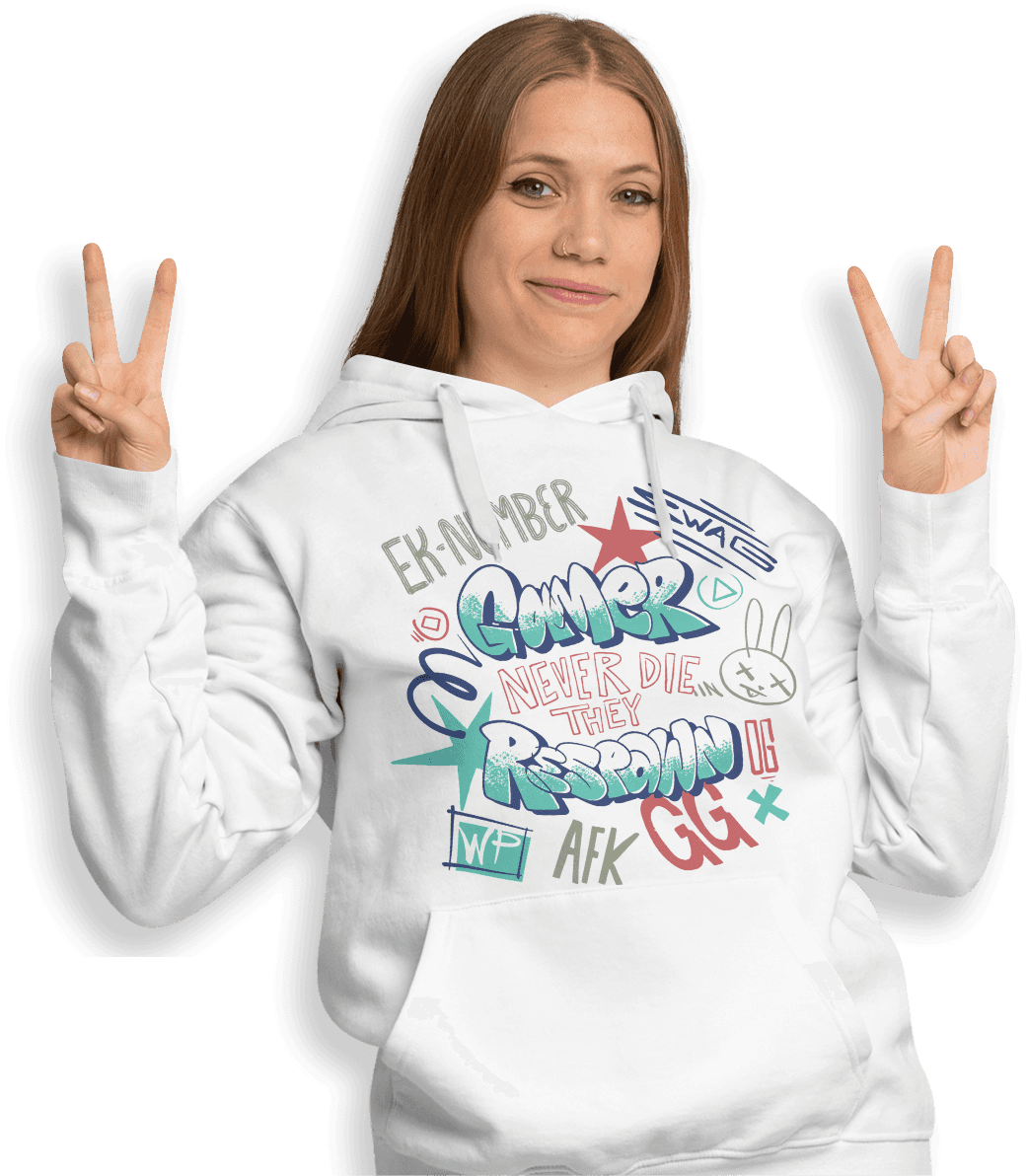 A woman wearing a gaming hoodie