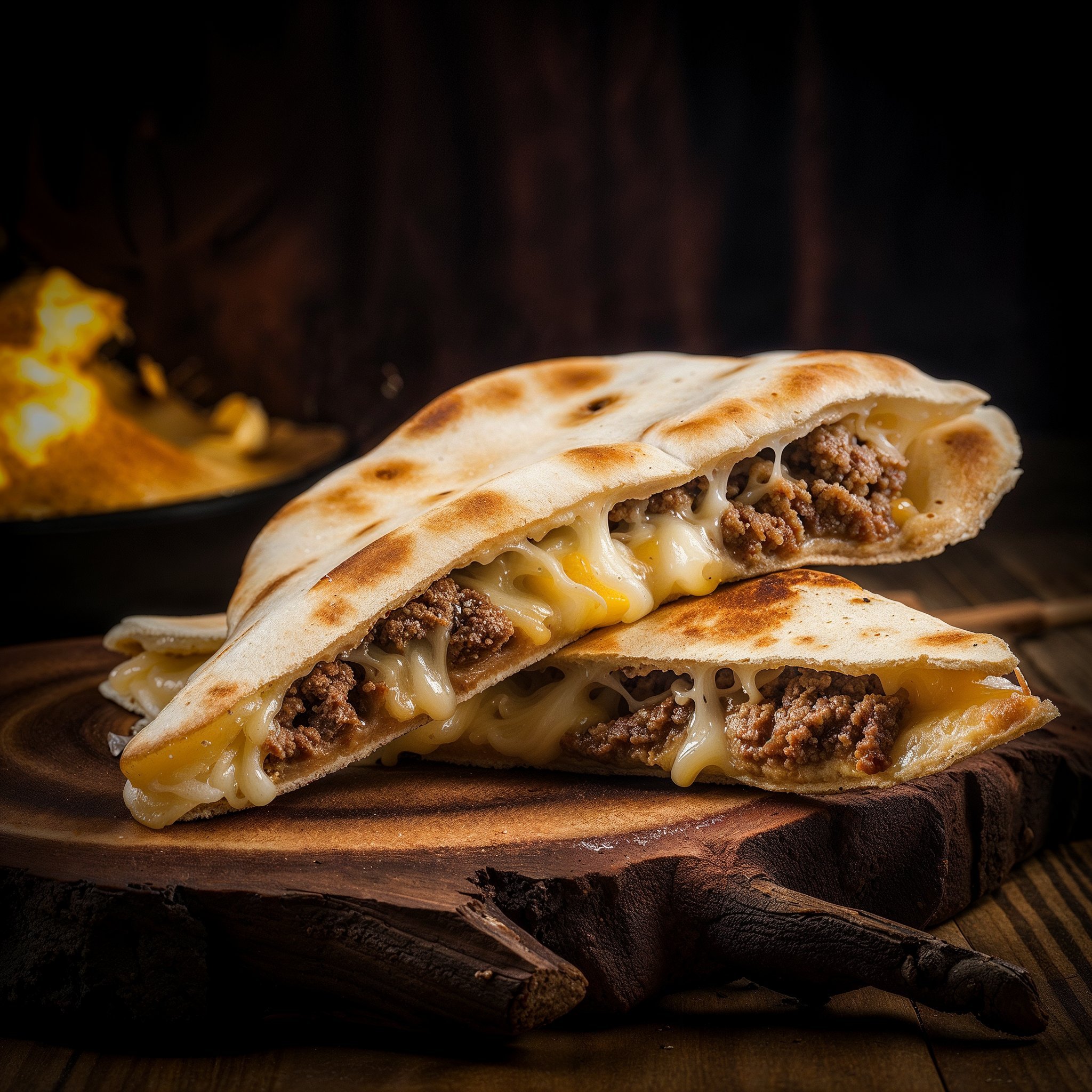 A steak and cheese grilled cheese pita