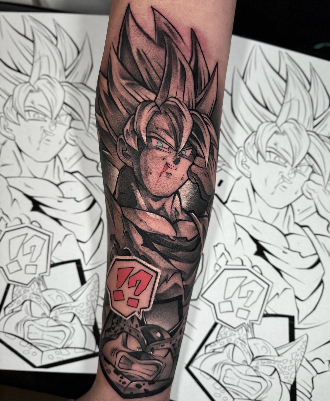 This black and white tattoo features the iconic scene of goku saying goodbye to everyone before teleporting him and cell to king kai's planet 