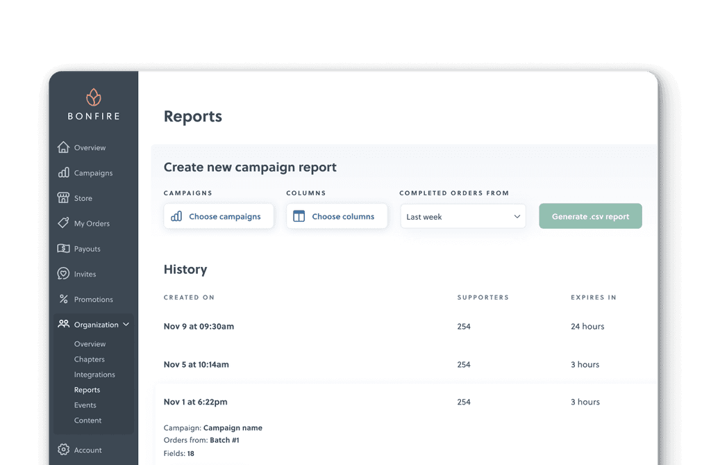 Bonfire nonprofit dashboard