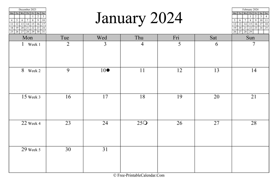 January 2024 Calendar (Horizontal Layout)