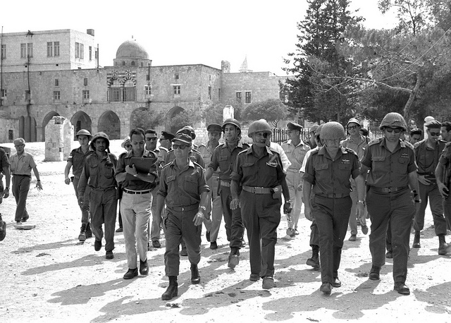 Six Day War: (left to right) Jerusalem Commander Uzi Narkis, Defense Minister Moshe Dayan, IDF Chief of Staff Yitzhak Rabin, and General Rehavam Ze’evi walk through the Old City of Jerusalem.