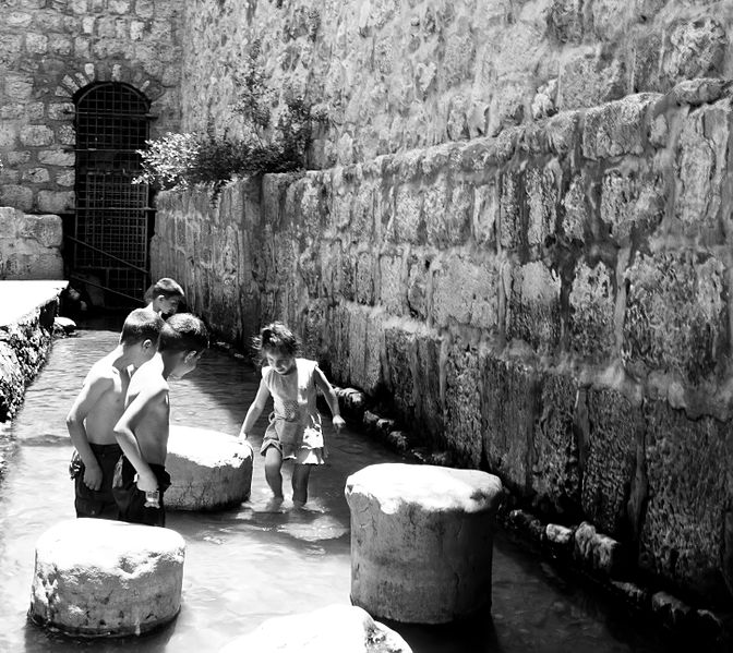 Children playing in the Pool of Siloam in Jerusalem