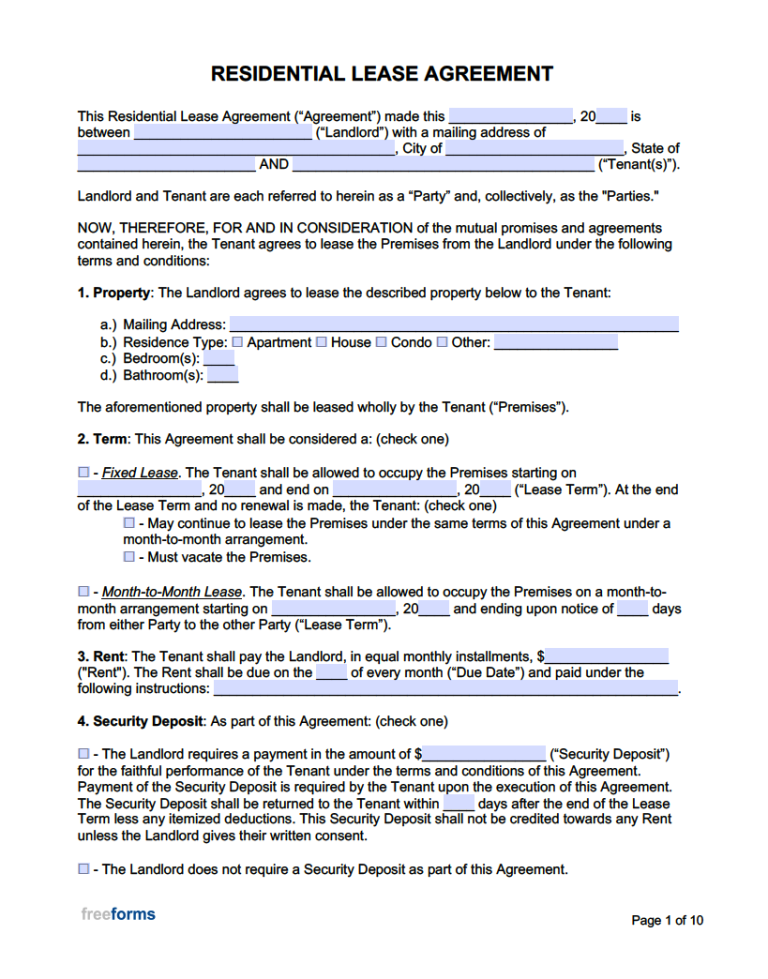 Residential Lease Free Printable Basic Rental Agreement