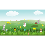 Easter landscape with bunnies, chicks, eggs, chicken, flowers