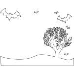 Outline vector illustration of scenery with bats and tree