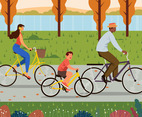 Happy Family Riding Bicycle Together