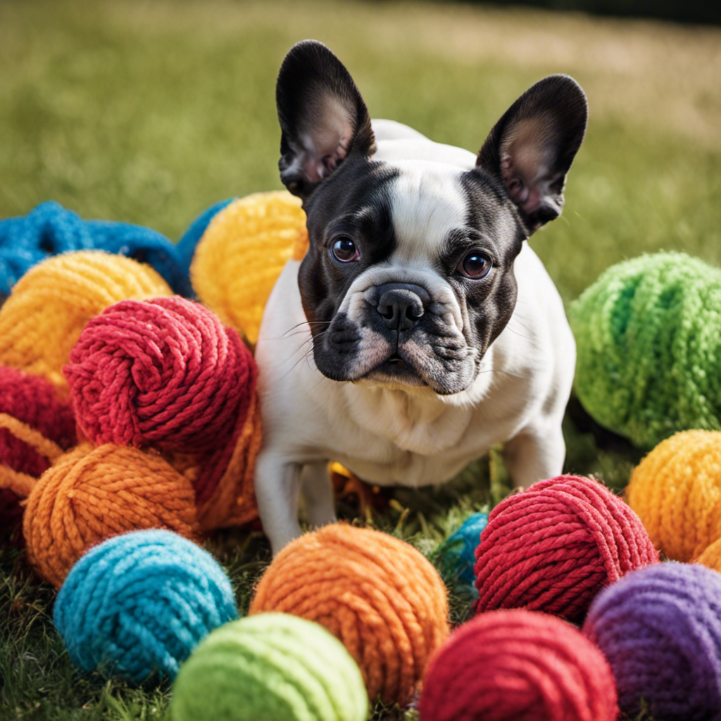 An image showcasing a French Bulldog blissfully engaged with a sturdy chew toy, playfully tugging on a durable rope, and eagerly chasing a squeaky ball, all scattered across a vibrant, pet-friendly play area