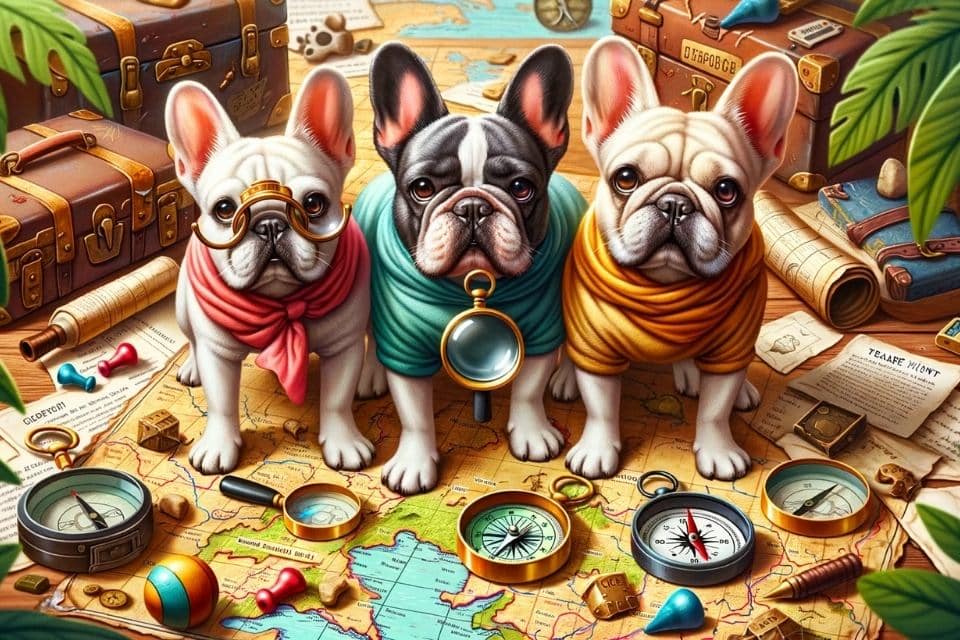 Photo of three diverse French Bulldogs on an adventurous treasure hunt. They stand at the edge of a map, with one holding a magnifying glass, the other a compass, and the third curiously sniffing at a marked spot. The vibrant scene is filled with clues and artifacts, inviting readers to join the quest.