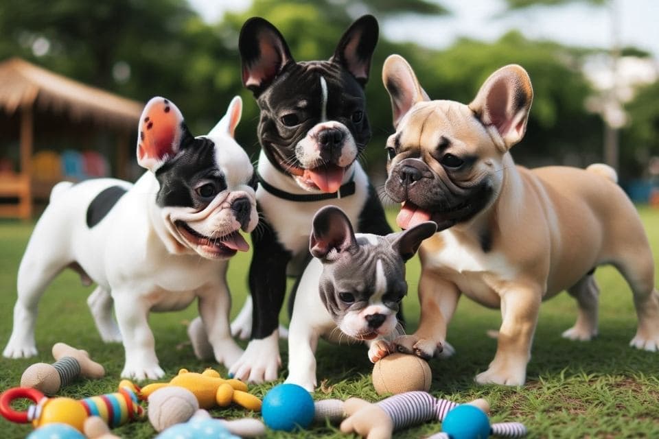 Photo of a diverse group of three French Bulldogs playing together in a park. One is a white and black pied, another is a solid blue, and the third is a tan fawn. They are surrounded by toys and seem to be having a great time.