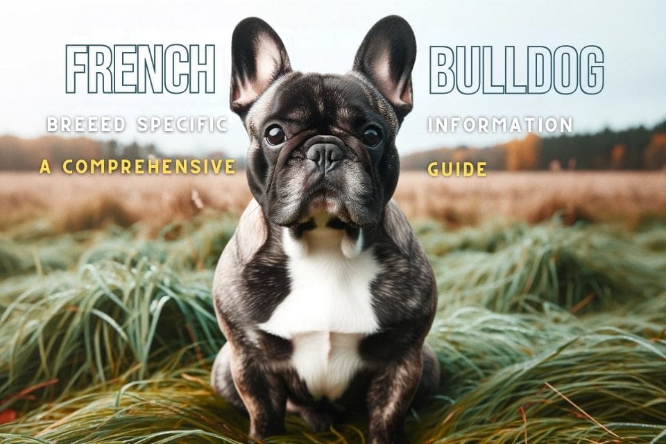 The Comprehensive Guide to French Bulldog Breed Specific Information - Photo of a French Bulldog sitting attentively on a grassy field, with an overlay of text that reads 'The Comprehensive Guide to French Bulldog Breed Specific Information'. The dog has a brindle coat and its ears are perked up.