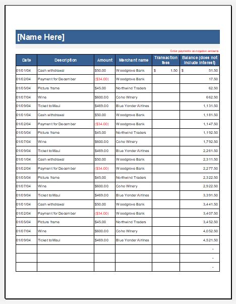 Excel Credit Card Log Template