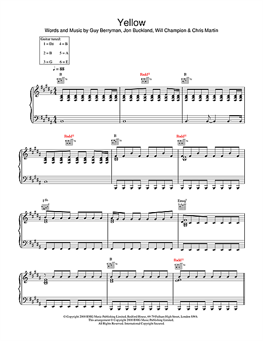 Coldplay "Yellow" Sheet Music PDF Notes, Chords | Pop Score Guitar Chords/Lyrics Download