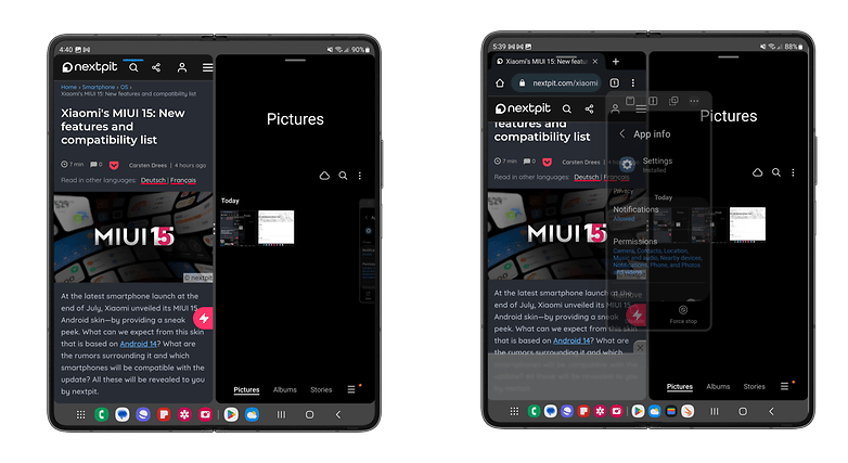 Samsung Galaxy Z Fold 5 multitasking screenshots