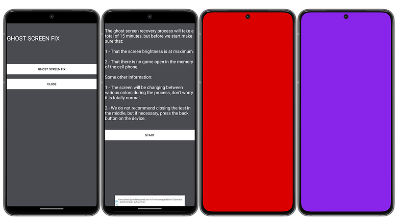 Screenshots from the Ghost Screen Fix app on Android