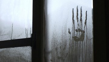 A handprint on a foggy window.