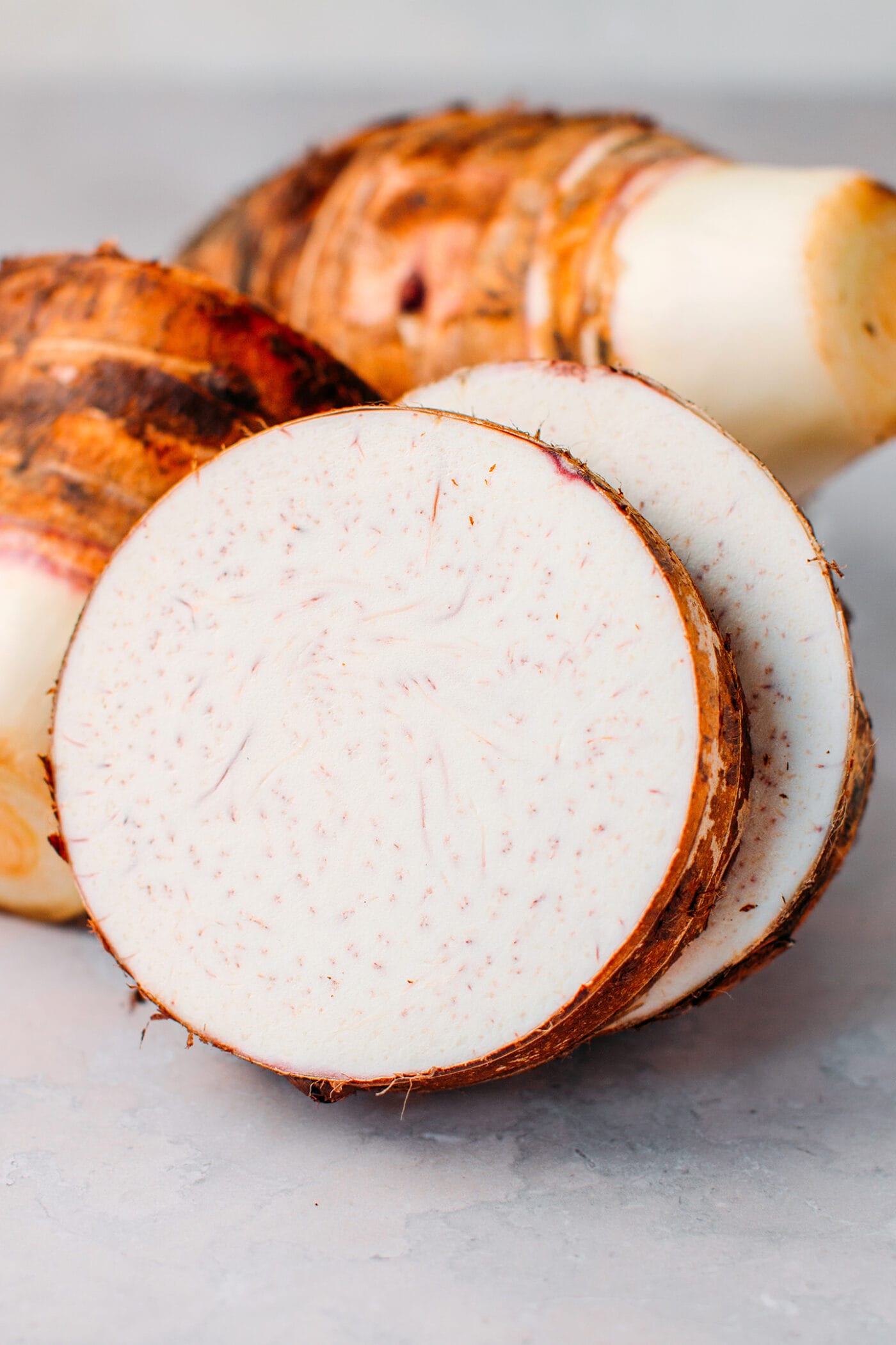 Close up of a taro root.