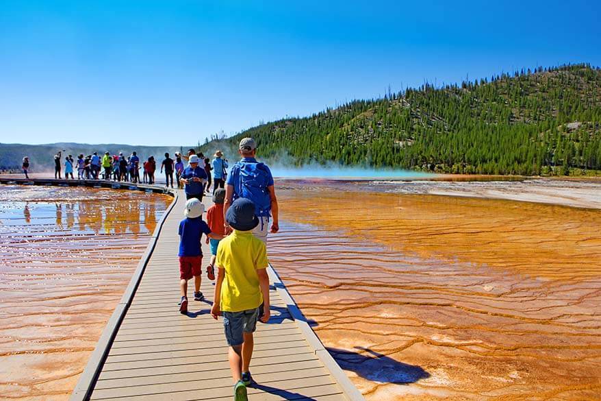 Small crowds at the Grand Prismatic Spring in Yellowstone in July