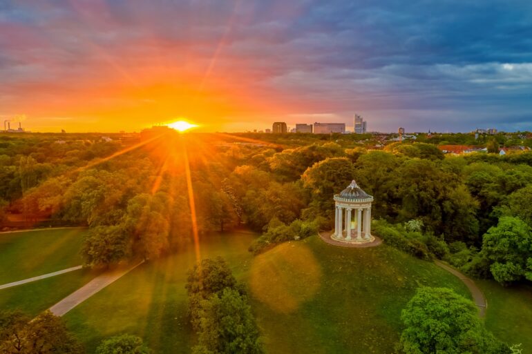 Panoramic view of the English Garden in Munich at sunrise