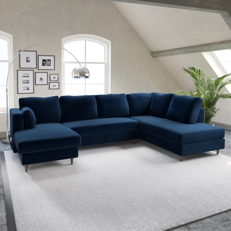 Navy Blue Velvet U-Shaped Right Hand Facing Sofa Bed with Storage - Seats 6 - Boe