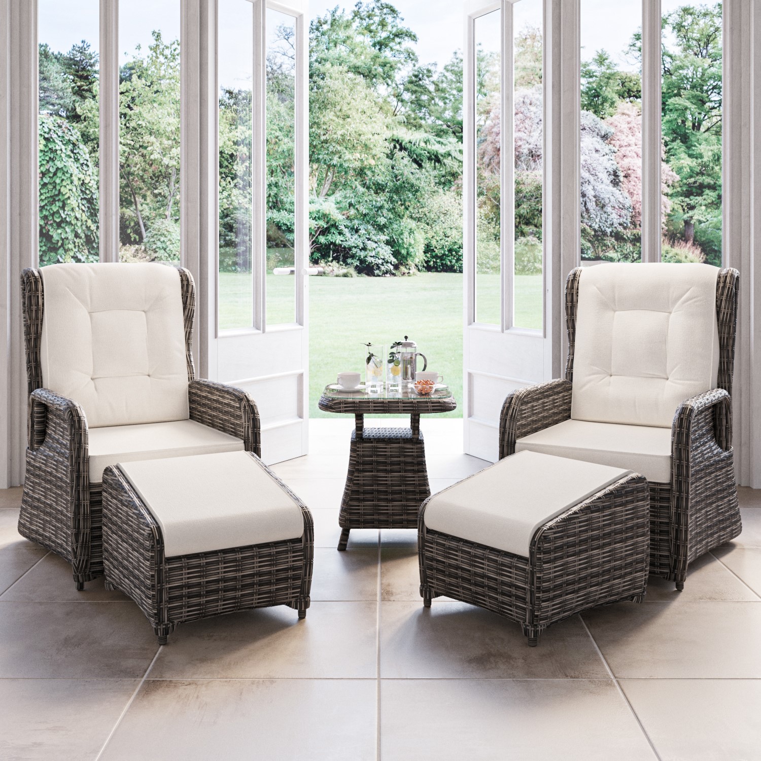 Brown Rattan Reclining Garden Sun Lounger Set with Table and Footstools ...