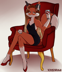 Size: 500x580 | Tagged: safe, artist:verbenaowo, oc, oc only, canine, fox, mammal, anthro, alcohol, armchair, bottomwear, brown hair, clothes, digital art, dress, drink, ears, footwear, fur, glass, hair, high heels, looking at you, orange body, orange fur, shoes, sitting, solo, tail, wine, wine glass