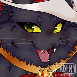 Size: 1280x1280 | Tagged: safe, artist:verbenaowo, oc, oc only, cat, feline, mammal, anthro, black body, black fur, bust, colored sclera, digital art, fur, open mouth, portrait, solo, tongue, yellow sclera