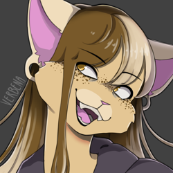 Size: 900x900 | Tagged: safe, artist:verbenaowo, oc, oc only, cat, feline, mammal, anthro, blonde hair, brown hair, bust, digital art, fur, gray background, hair, multicolored hair, open mouth, portrait, simple background, solo, tan body, tan fur, two toned hair, yellow eyes