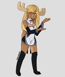 Size: 450x525 | Tagged: safe, artist:verbenaowo, oc, oc only, cervid, deer, mammal, anthro, unguligrade anthro, antlers, blonde hair, brown body, brown fur, clothes, cloven hooves, female, fur, hair, hooves, looking at you, maid outfit, one eye closed, simple background, solo, solo female, standing, tail, ungulate, white background