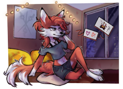 Size: 2518x1830 | Tagged: safe, artist:lonerdemiurge, oc, canine, fox, mammal, anthro, 2023, bottomwear, clothes, crop top, ears, fluff, fur, gray eyes, indoors, orange body, orange fur, paws, shirt, shorts, sitting, solo, tail, topwear, trade, trade art, white body, white fur, window