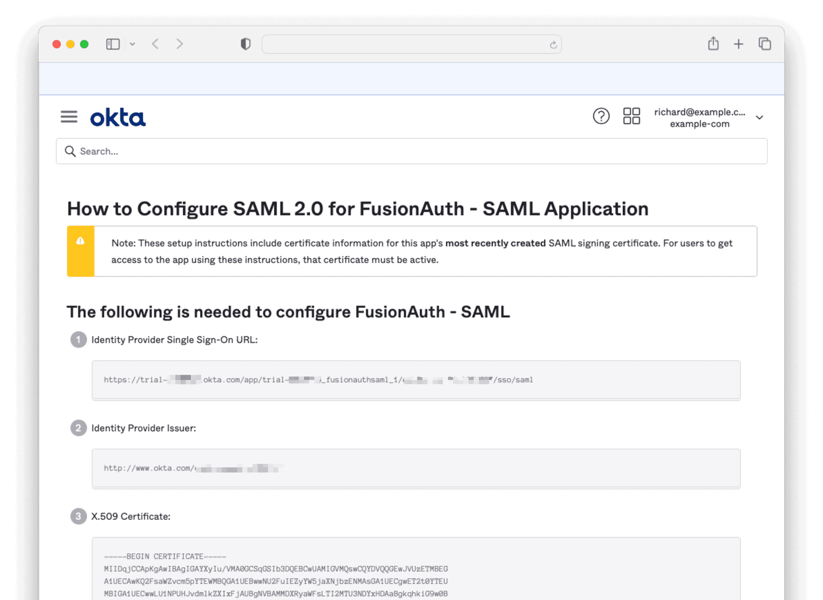 SAML configuration details